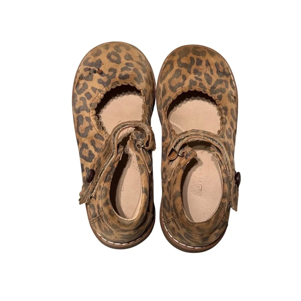 ELEPHANTITO Girl Scalloped Leather Mary Jane Leopard Brown Size 11.5 Hook & Loop